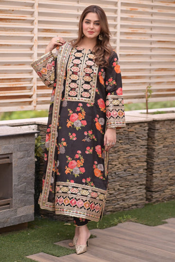 ANEELAS-3PC SHAMOZE SILK PRINTED EMBROIDERED SHIRT WITH SOFT SILK PRINTED EMB DUPATTA & PRINTED TROUSER DPC-1705
