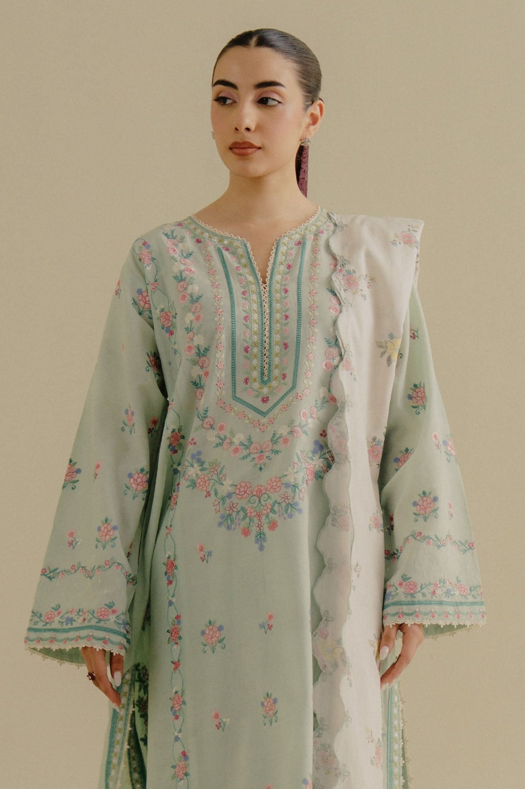 ZARA SHAHJAHAN- 3PC DHANAK EMBROIDERED SHIRT WITH WOOL PRINT SHAWL AND EMB TROUSER-DPC-145