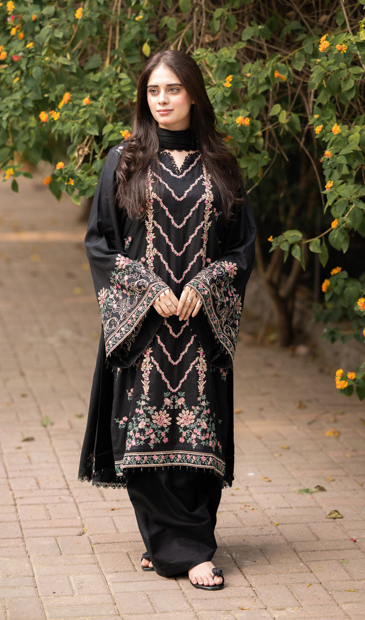 LIBAAS-3PC DHANAK EMBROIDERED SHIRT WITH DHANAK EMBROIDERED SHAWL & TROUSER-DPC-4346