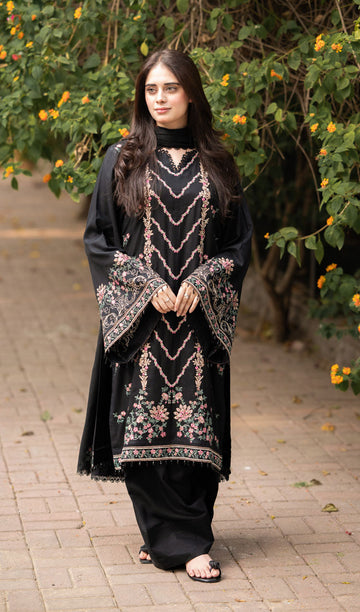 LIBAAS-3PC DHANAK EMBROIDERED SHIRT WITH DHANAK EMBROIDERED SHAWL & TROUSER-DPC-4346