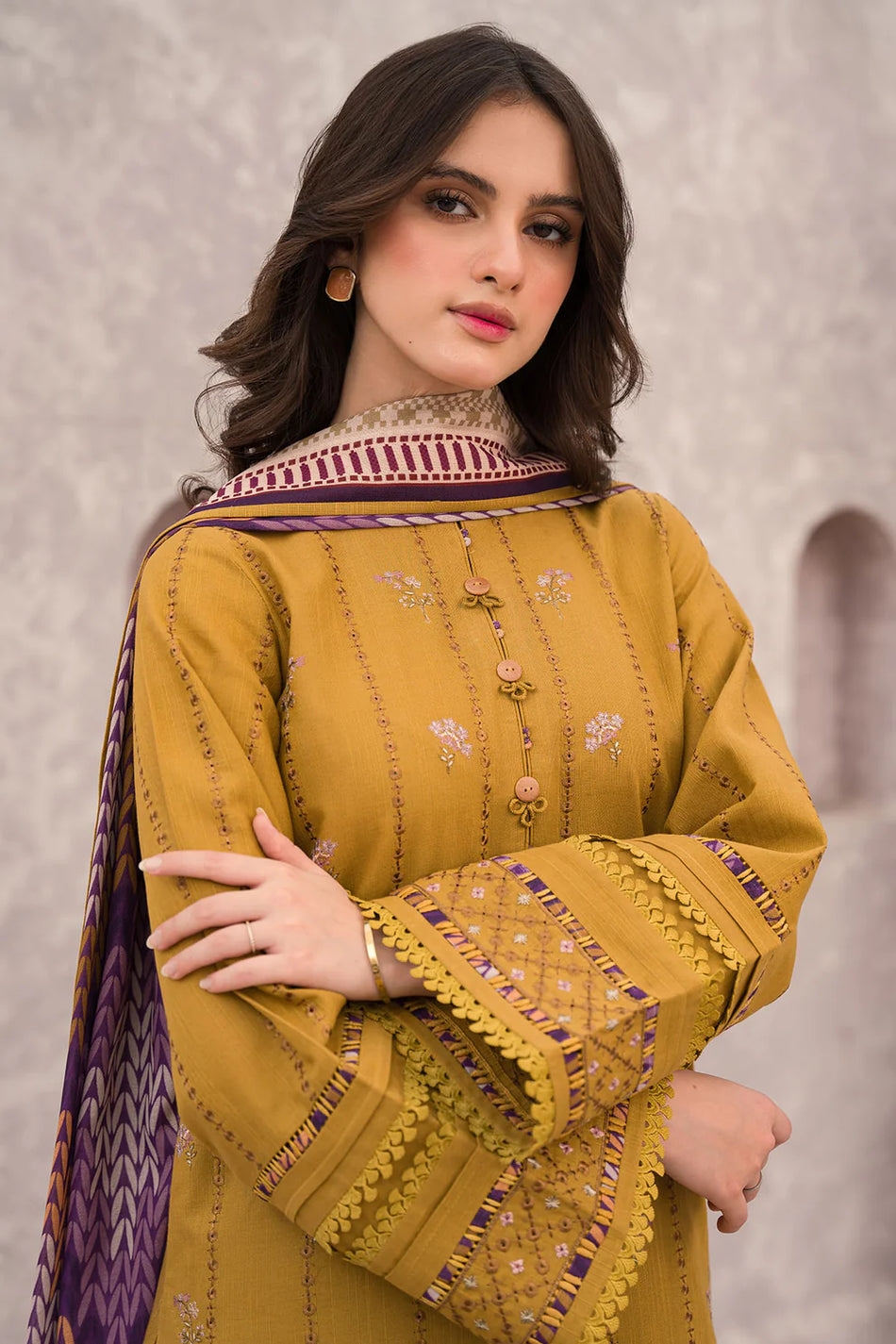JAZMIN-3PC DHANAK EMBROIDERED SHIRT WITH COUTRAI WOOL PRINTED SHAWL & TROUSER-DPC-4028