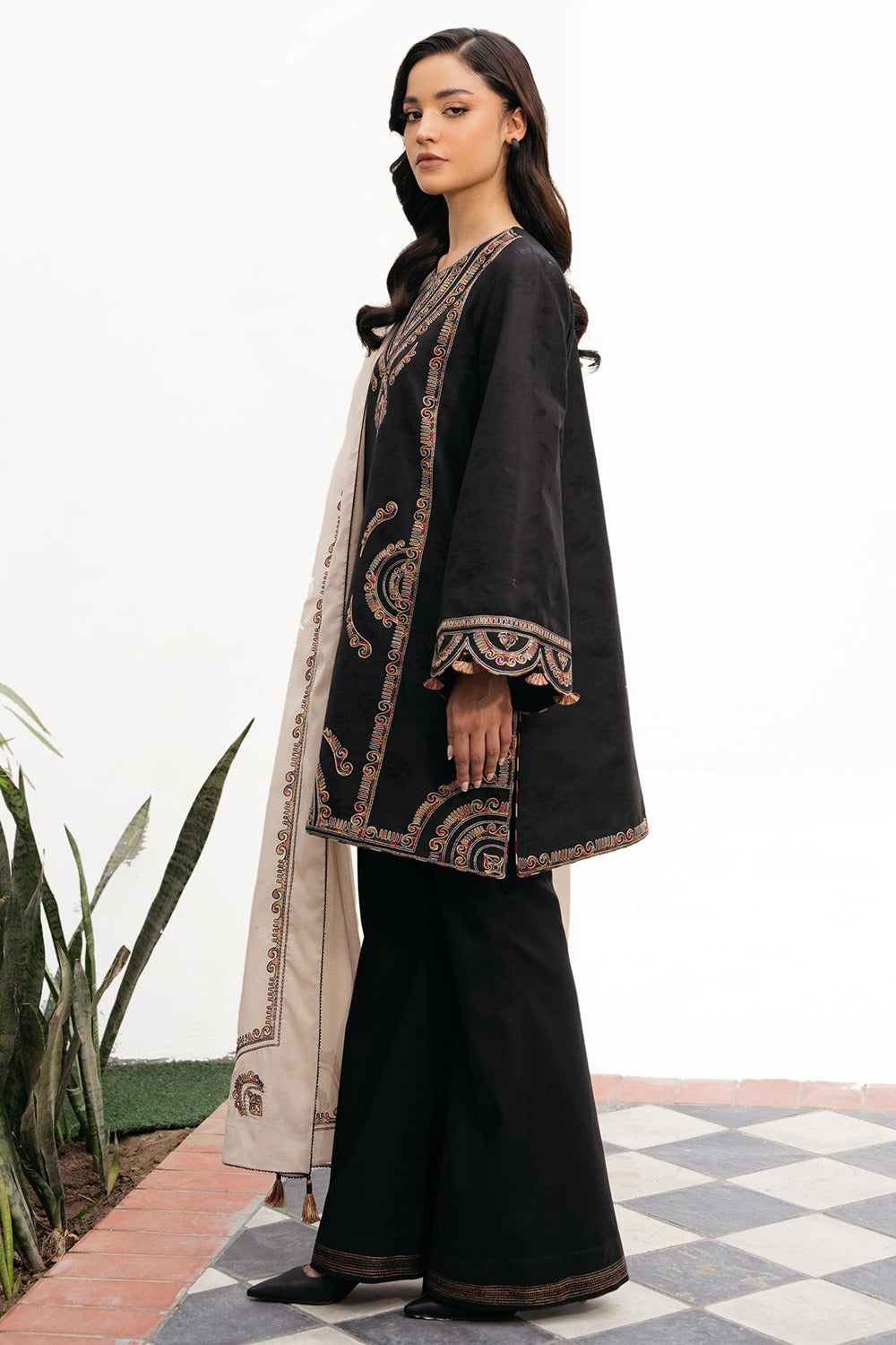 JAZMIN-3PC DHANAK EMBROIDERED SHIRT WITH WOOL PRINTED SHAWL AND TROUSER-DPC-19
