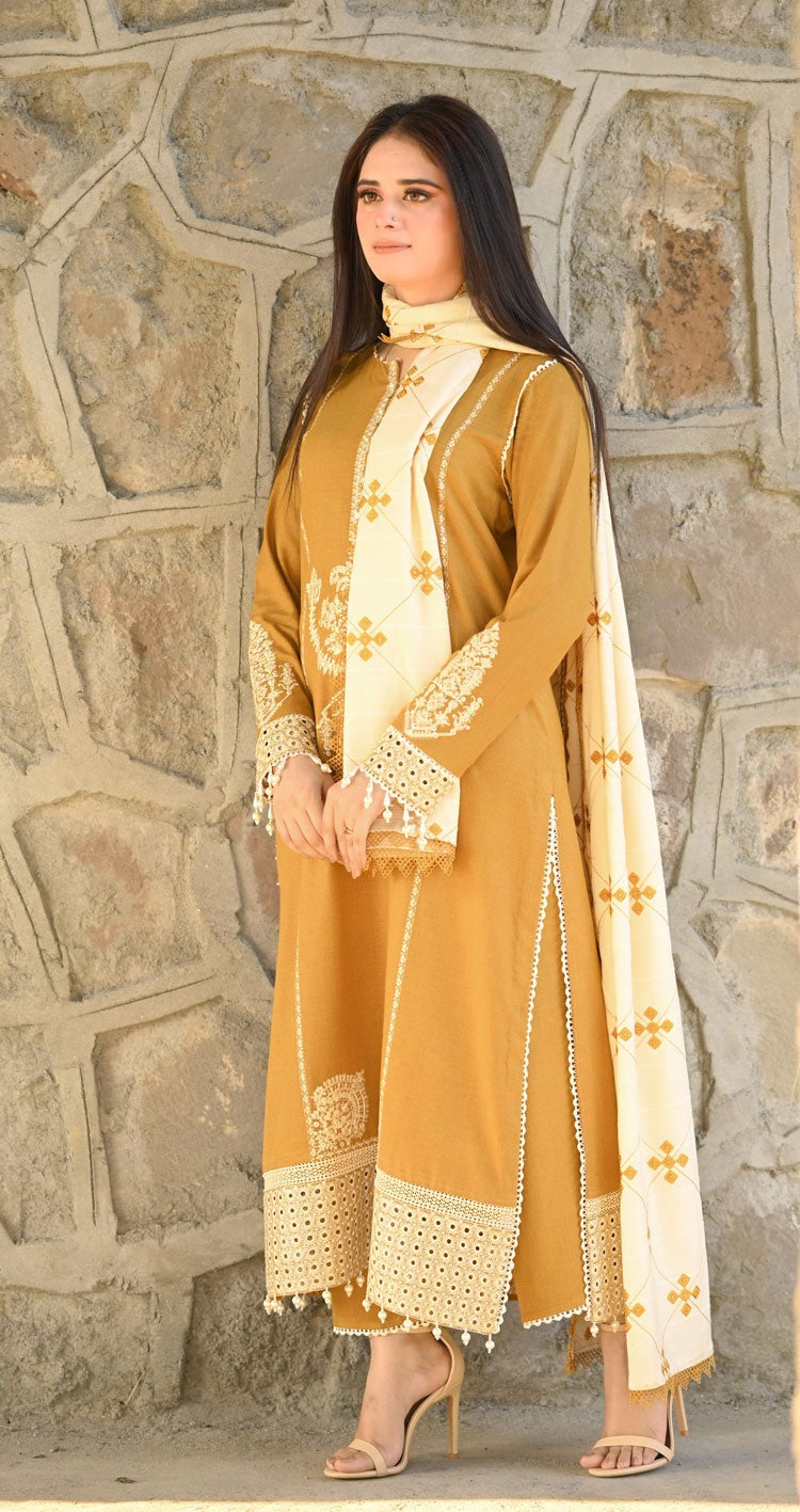 LIBAAS-3PC DHANAK EMBROIDERED SHIRT WITH DHANAK EMBROIDERED SHAWL AND TROUSER DPC-138