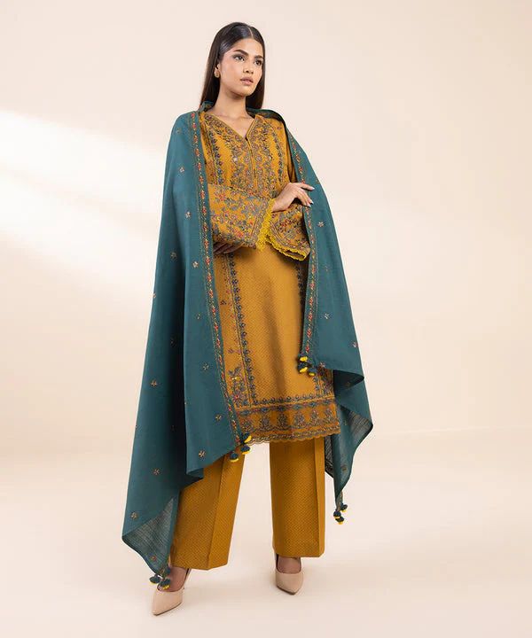 JAZMIN-3PC DHANAK EMBROIDERED SHIRT WITH DHANAK EMBROIDERED SHAWL & TROUSER-DPC-3374