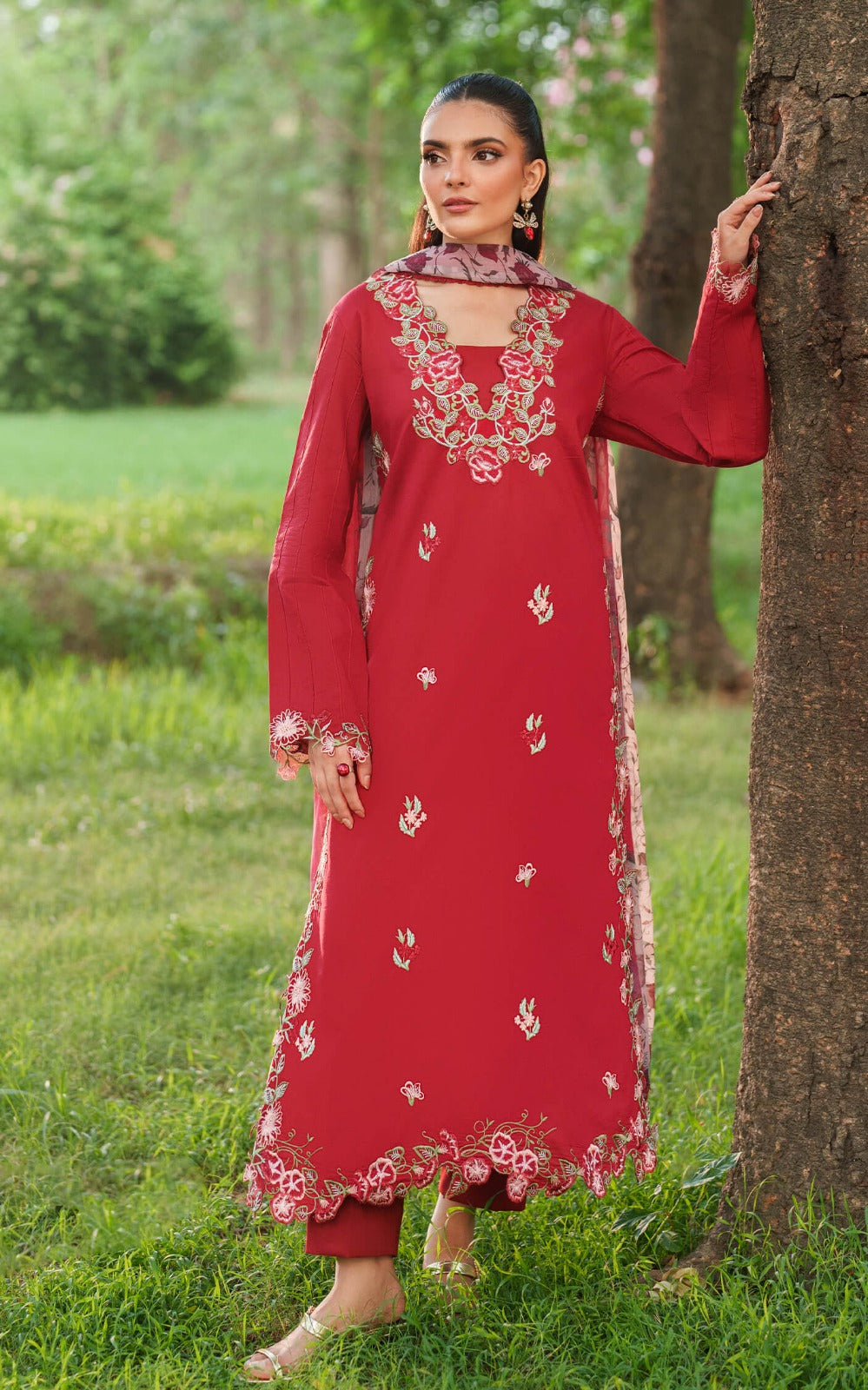 ASIFA NABEEL- 3PC DHANAK EMBROIDERED SHIRT WITH COURTRAI PRINT SHAWL AND EMB TROUSER-DPC-144