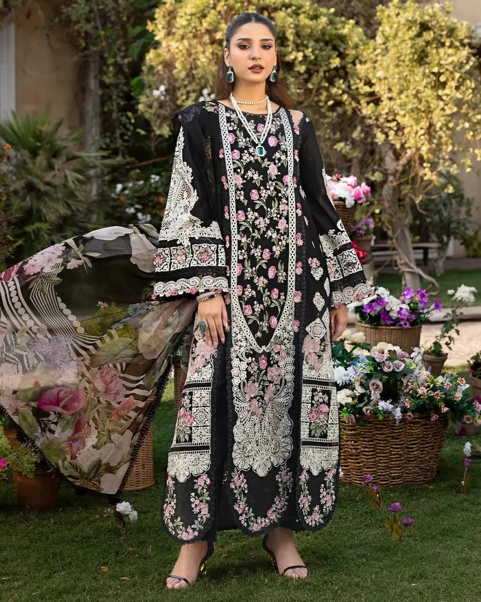ELAF- 3PC LAWN EMBROIDERED SHIRT WITH PRINTED CHIFFON DUPATTA AND EMB TROUSER-DPC-4711