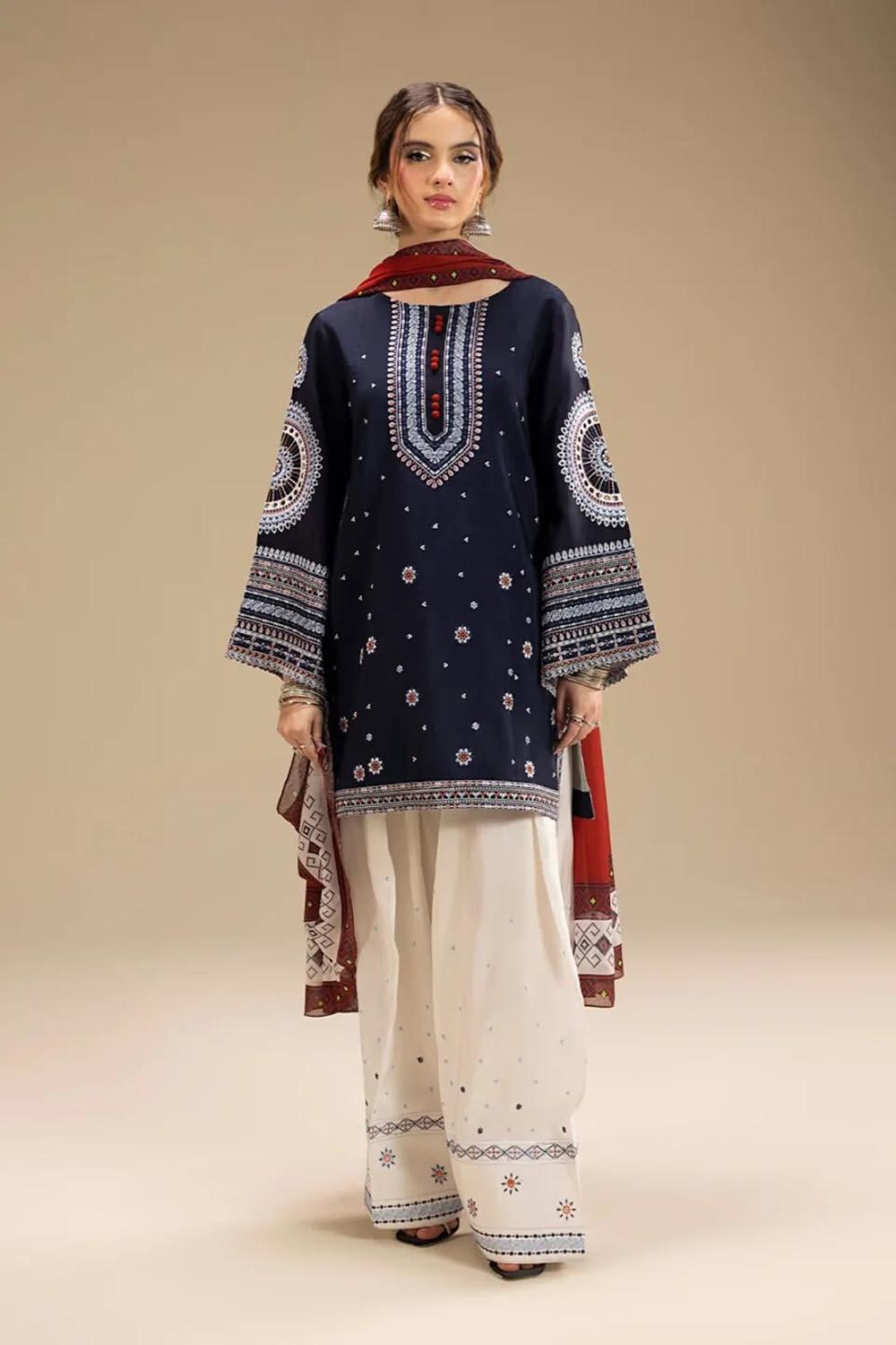 JAZMIN-3PC DHANAK EMBROIDERED SHIRT WITH CORTRAI WOOL PRINTED SHAWL AND EMB TROUSER-DPC-4080