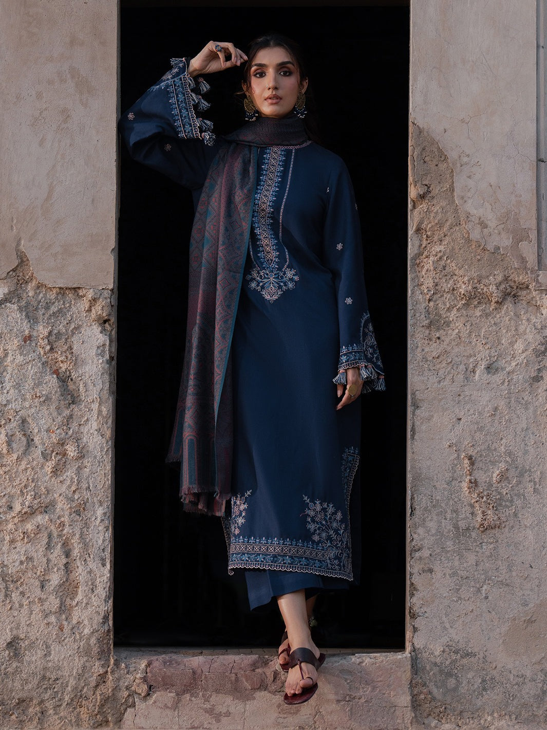 IZEL-3PC DHANAK EMBROIDERED SHIRT WITH COURTRAI PRINTED SHAWL & TROUSER-DPC-160