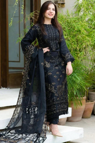 DANANEER-3PC KHADDAR EMBROIDERED SHIRT WITH CHIFFON EMBROIDERED DUPATTA & TROUSER-DPC-4116
