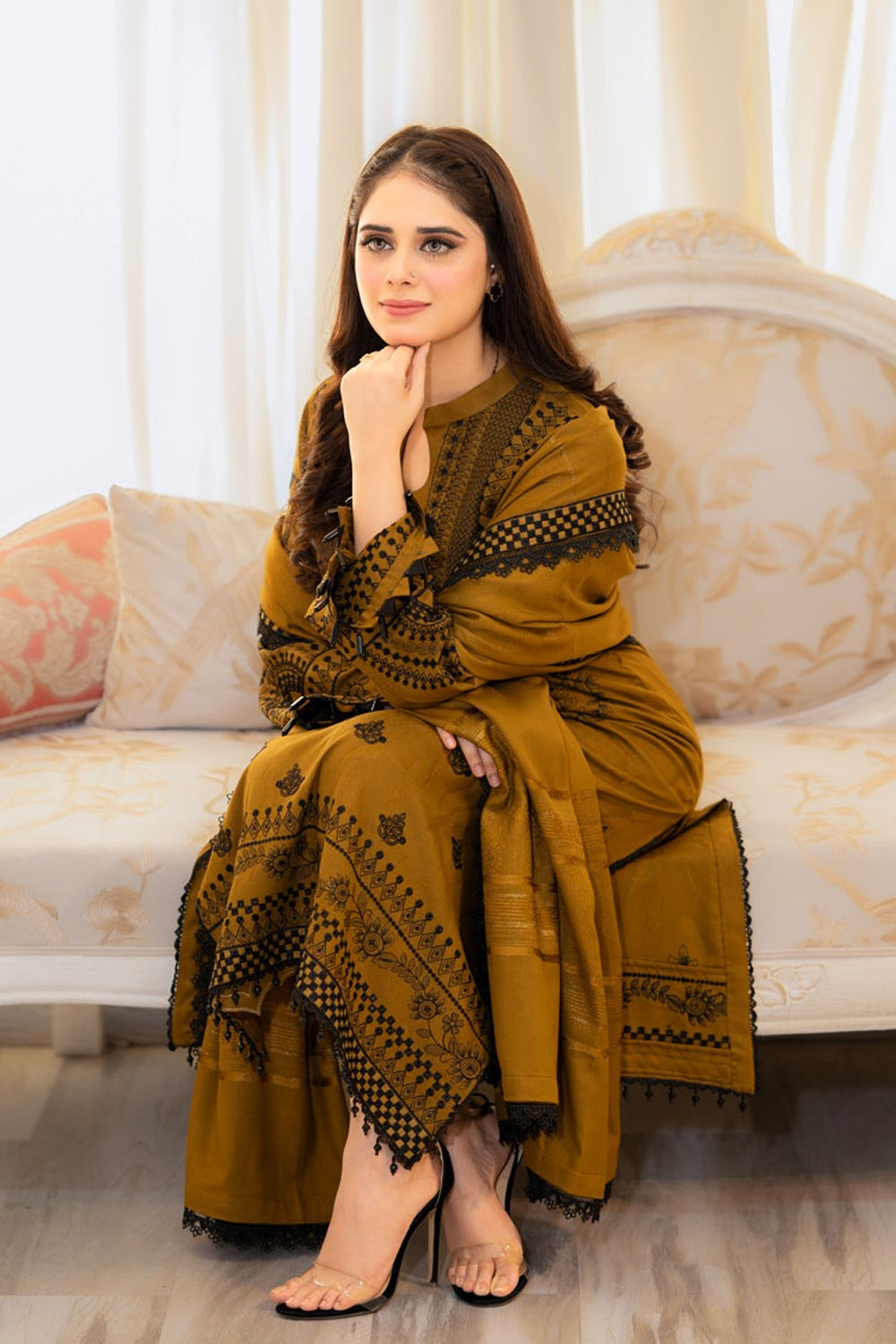 LIBAAS-3PC DHANAK EMBROIDERED SHIRT WITH DHANAK EMBROIDERED SHAWL & EMB TROUSER-DPC-15