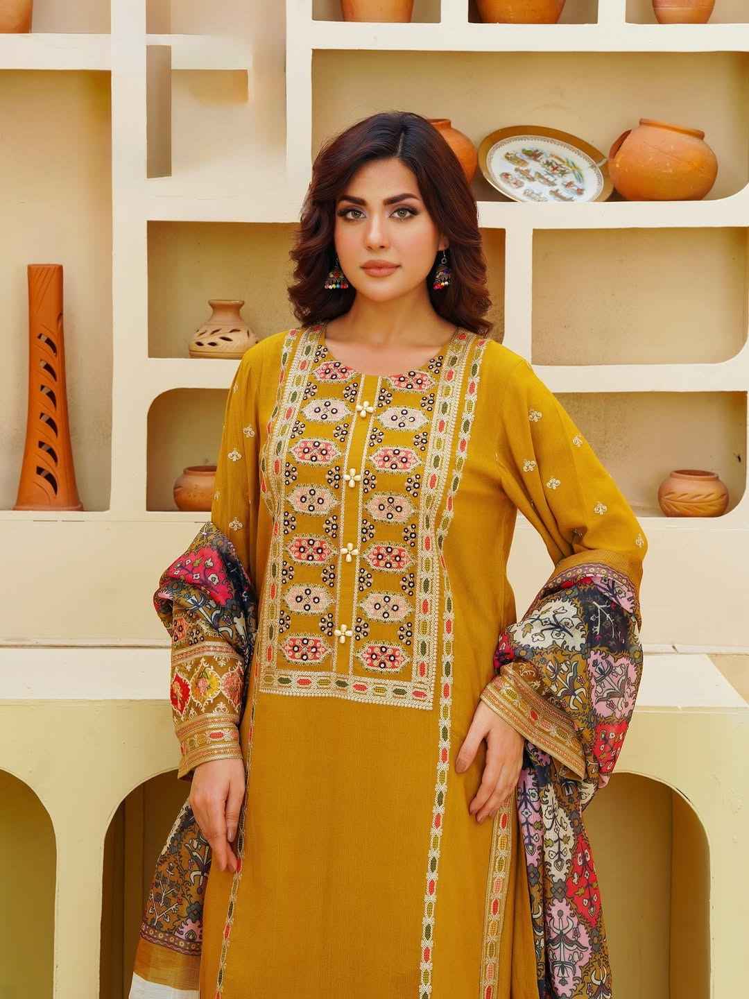 ANEELAS-3PC DHANAK EMBROIDERED SHIRT WITH DHANAK PRINTED SHAWL & TROUSER-DPC-163