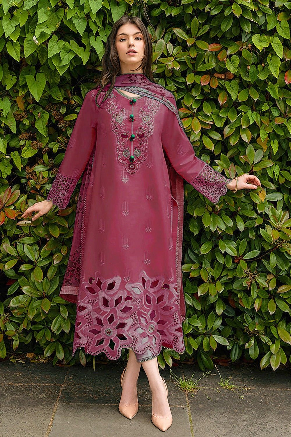 MUSHQ-3PC DHANAK EMBROIDERED SHIRT WITH COURTRAI PRINTED SHAWL AND TROUSER-DPC-213