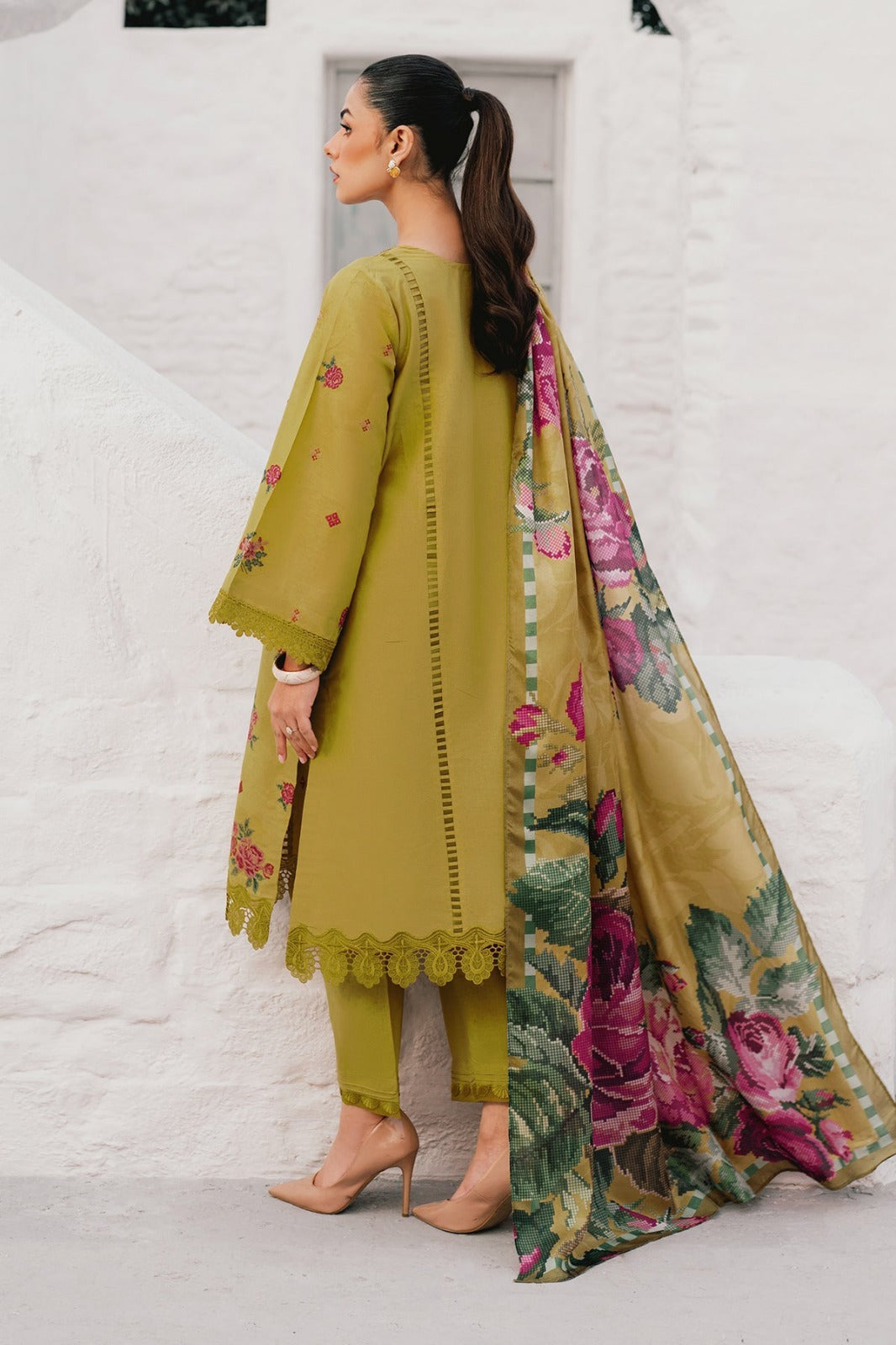 BAROQUE-3PC DHANAK EMBROIDERED SHIRT WITH COURTRAI PRINTED SHAWL AND TROUSER-DPC-100