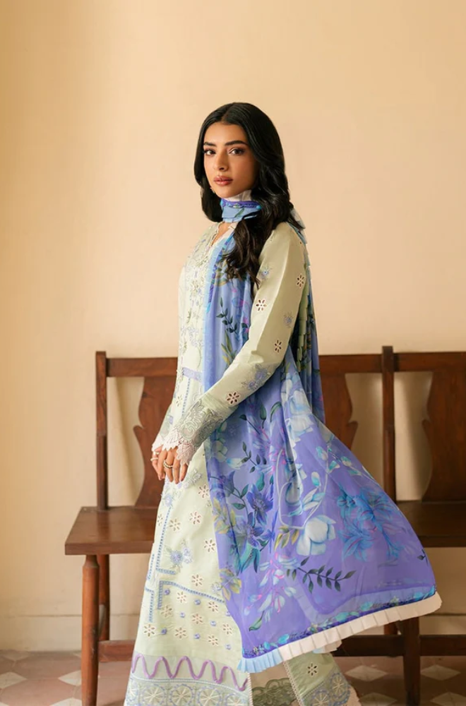 ROHEENAZ-3PC DHANAK EMBROIDERED SHIRT WITH DHANAK EMBROIDERED SHAWL AND EMB TROUSER-DPC-432
