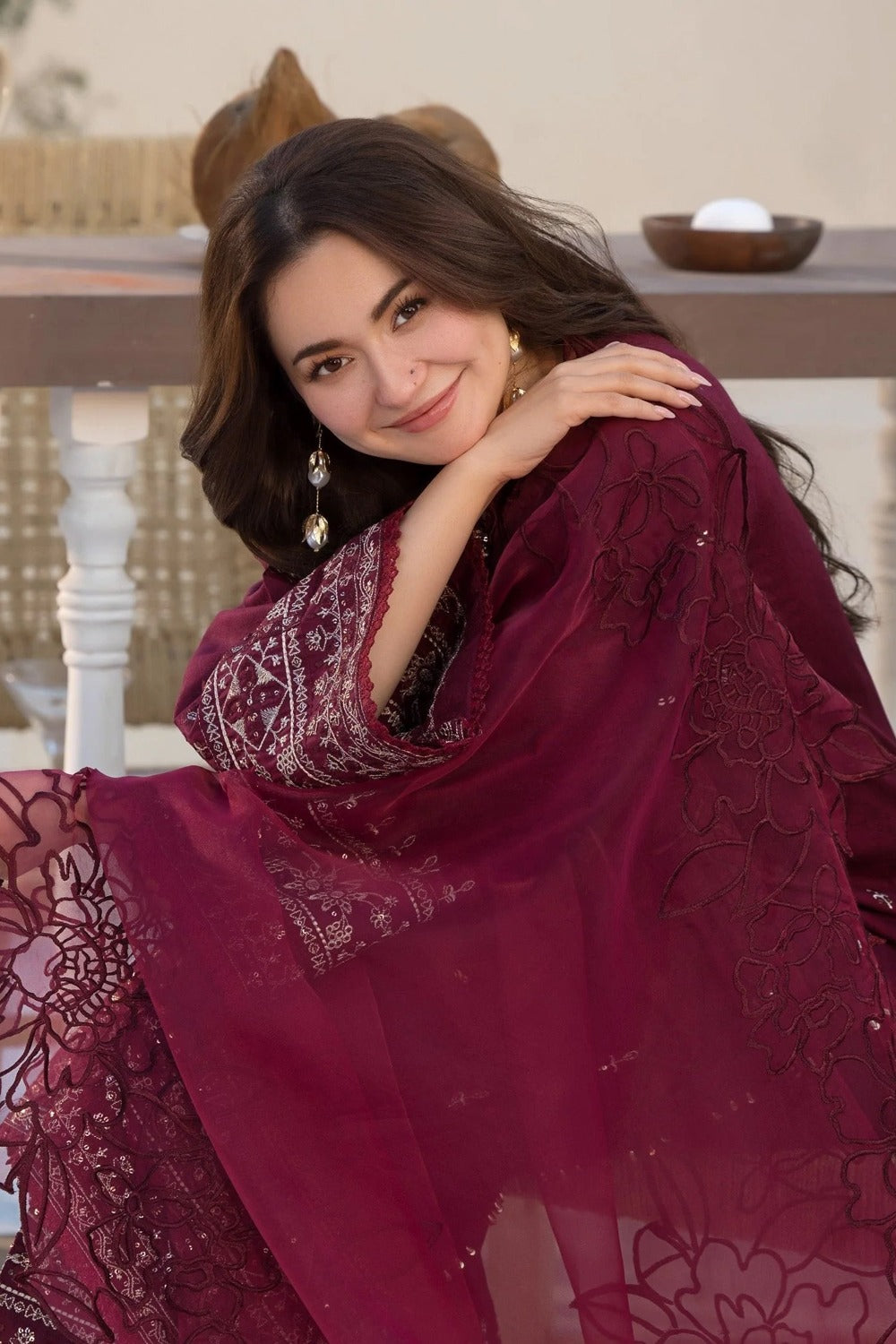QALAMQAR-3PC DHANAK EMBROIDERED SHIRT WITH ORGANZA EMBROIDERED DUPATTA AND EMB TROUSER-DPC-39