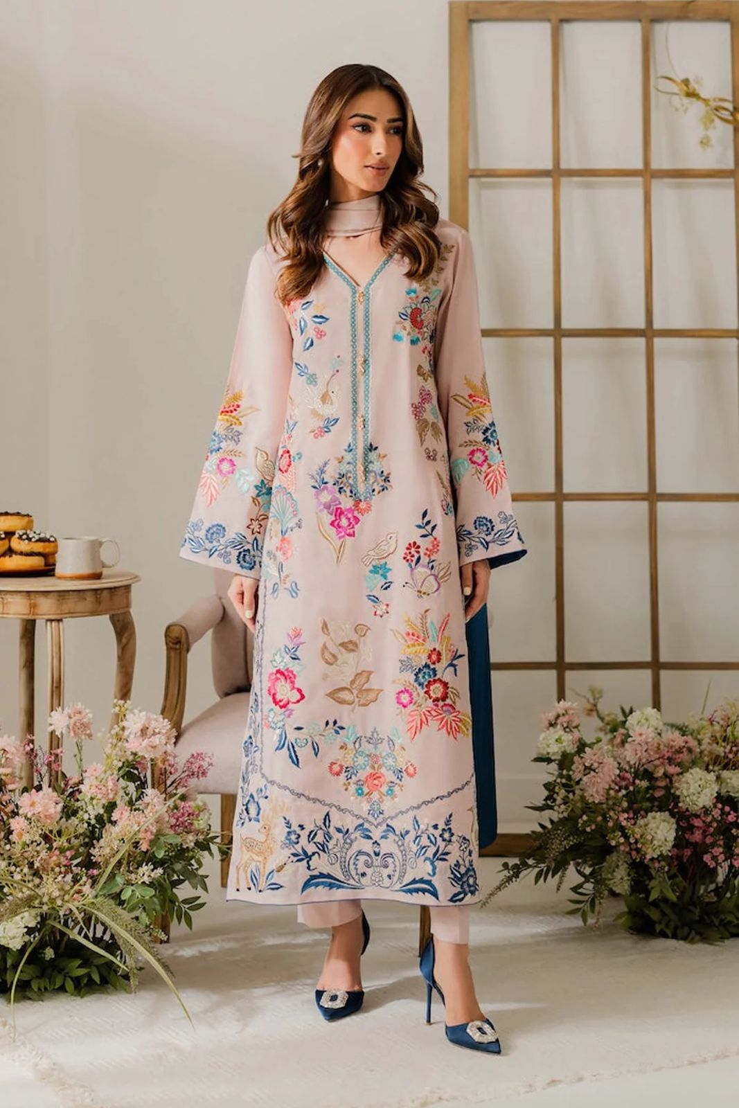 VINTAGE-3PC DHANAK EMBROIDERED SHIRT WITH TYE & DYE CHIFFON DUPATTA AND TROUSER-DPC-4314
