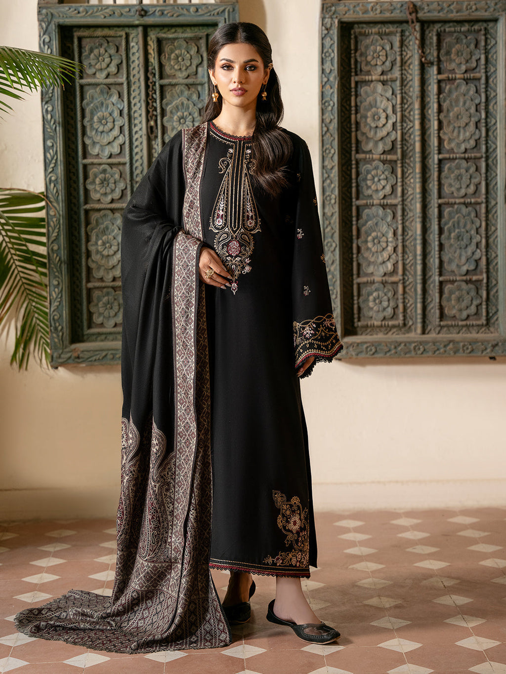 IZEL-3PC DHANAK EMBROIDERED SHIRT WITH COURTRAI PRINTED SHAWL & TROUSER-DPC-4389