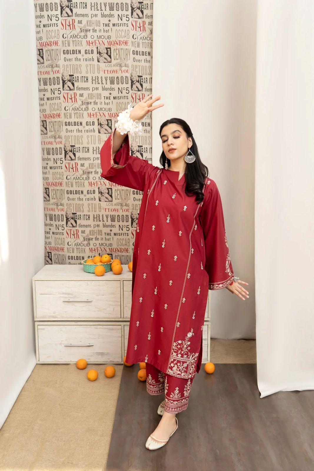 URGE-3PC DHANAK EMBROIDERED SHIRT WITH COUTRAI PRINTED SHAWL AND EMB TROUSER-DPC-4059