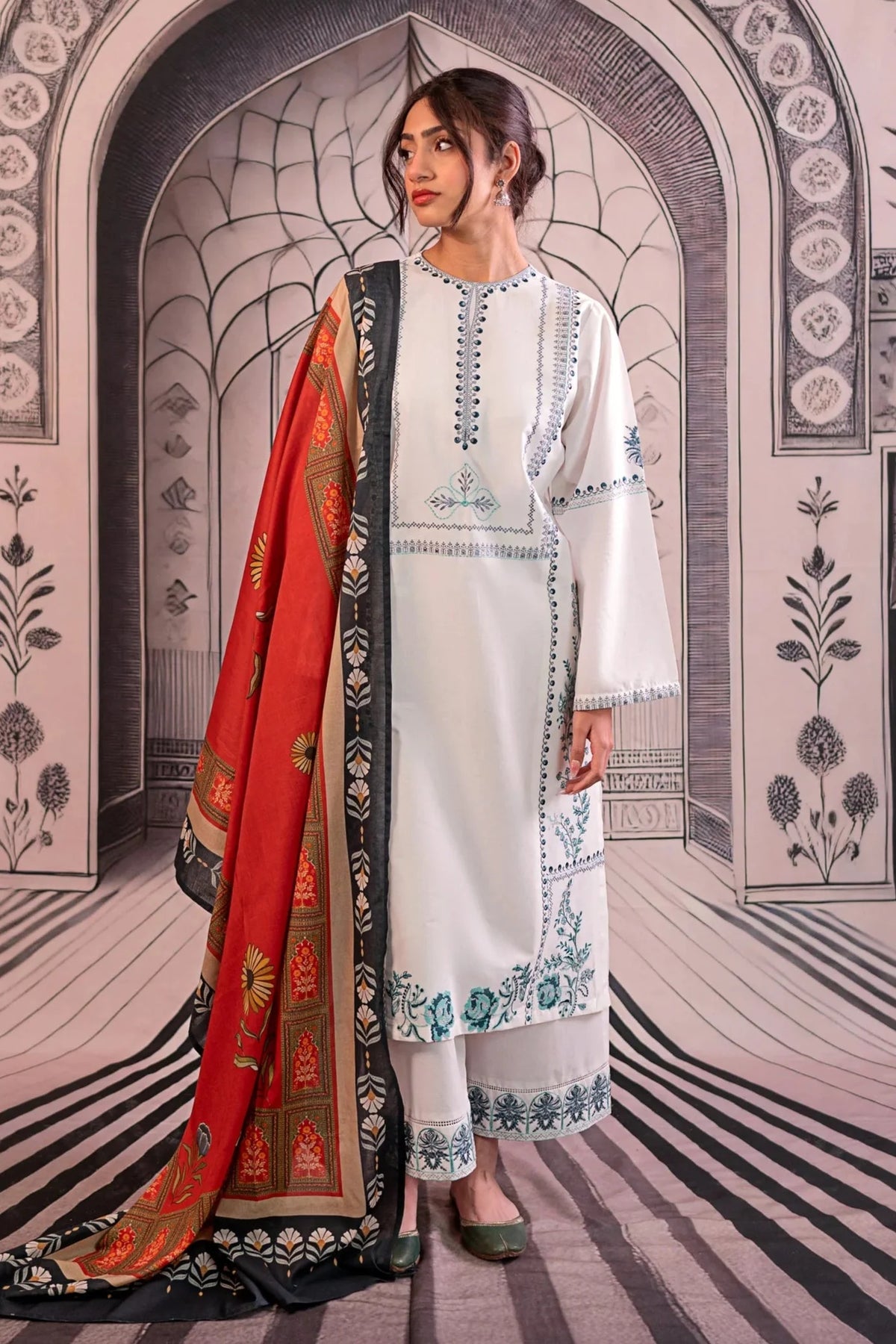 URGE - 3PC LAWN EMBROIDERED SHIRT WITH MONARK PRINTED DUPATTA AND EMB TROUSER DPC-3758