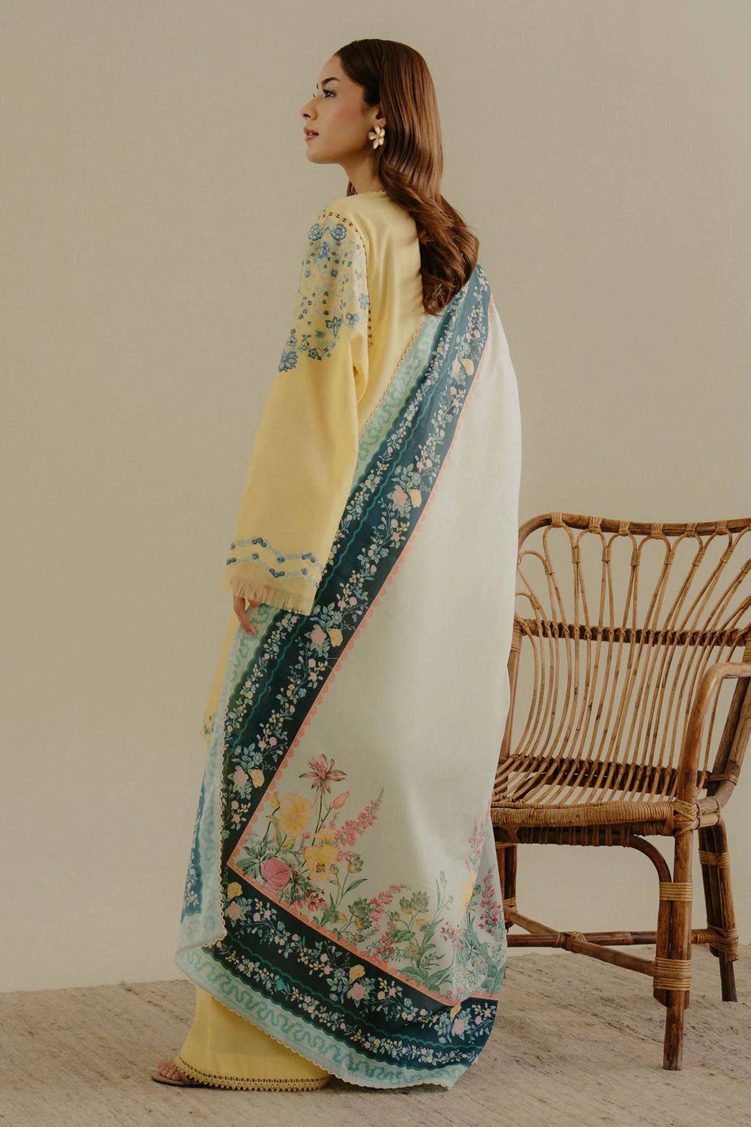 ZARASHAHJAHAN-3PC DHANAK EMBROIDERED SHIRT WITH COURTRAI WOOL PRINTED SHAWL AND TROUSER-DPC-4066