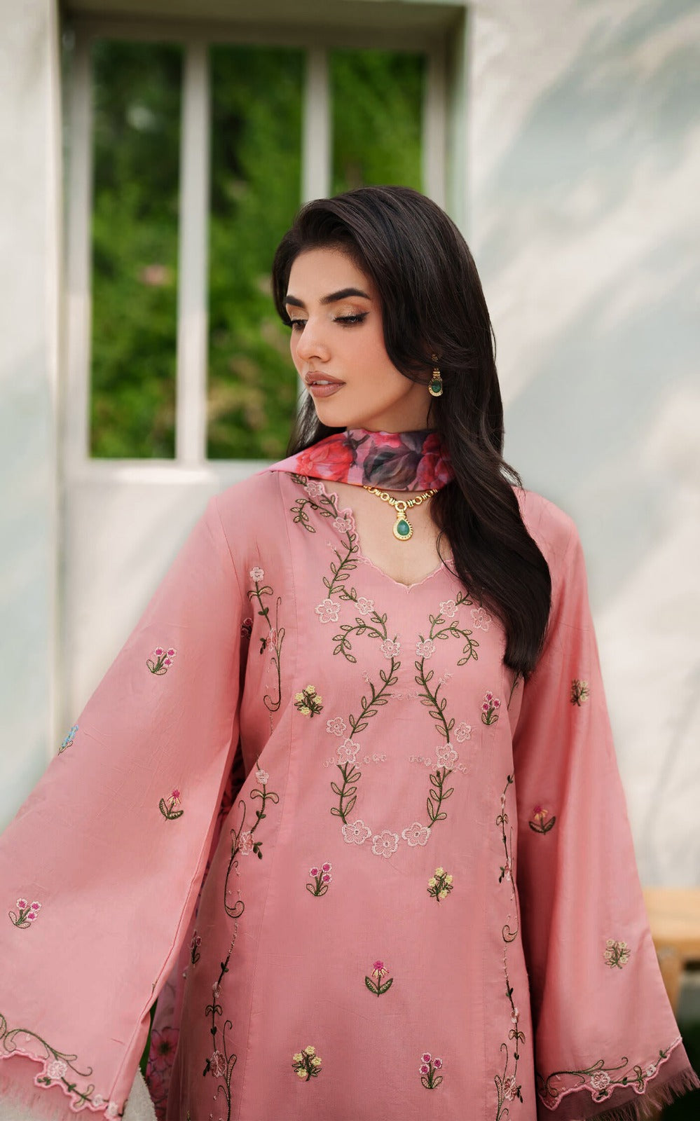 ASIFA NABEEL- 3PC DHANAK EMBROIDERED SHIRT WITH COURTRAI PRINT SHAWL AND EMB TROUSER-DPC-141