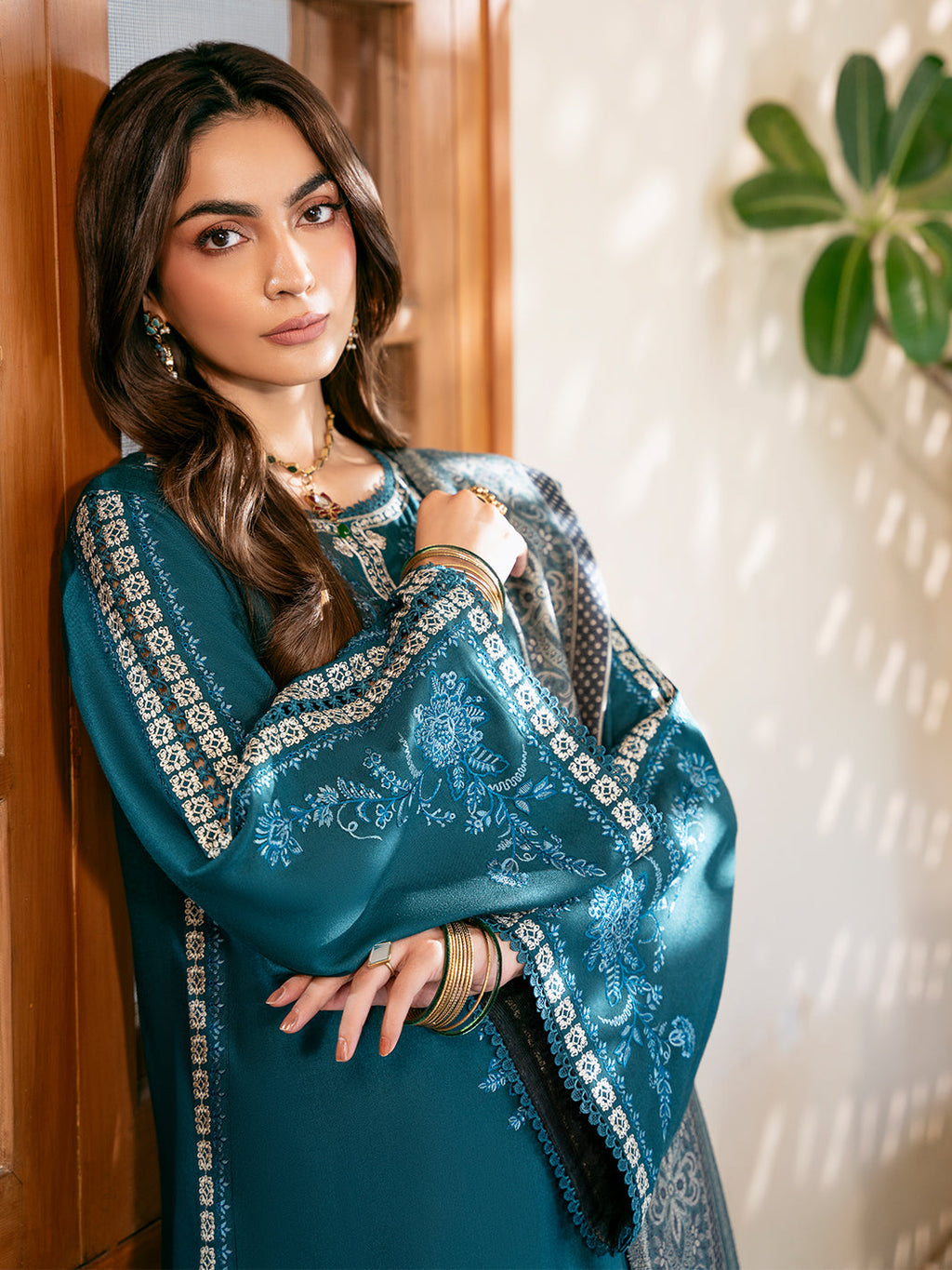 IZEL-3PC DHANAK EMBROIDERED SHIRT WITH COURTRAI PRINTED SHAWL & TROUSER-DPC-4387