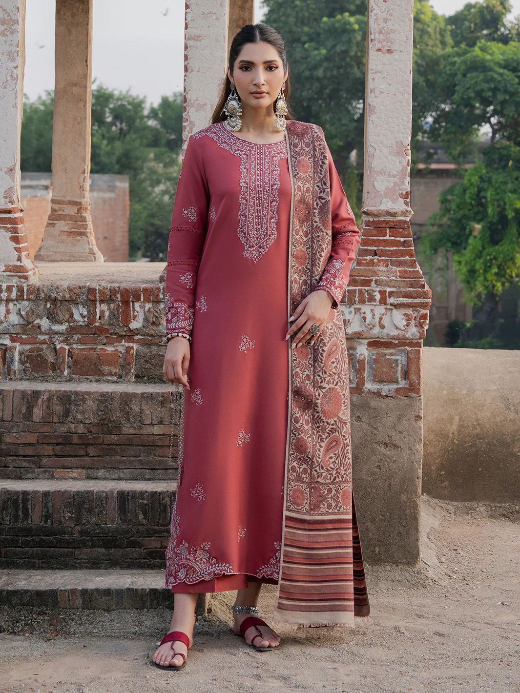 IZEL-3PC DHANAK EMBROIDERED SHIRT WITH COURTRAI PRINTED SHAWL & TROUSER-DPC-4356