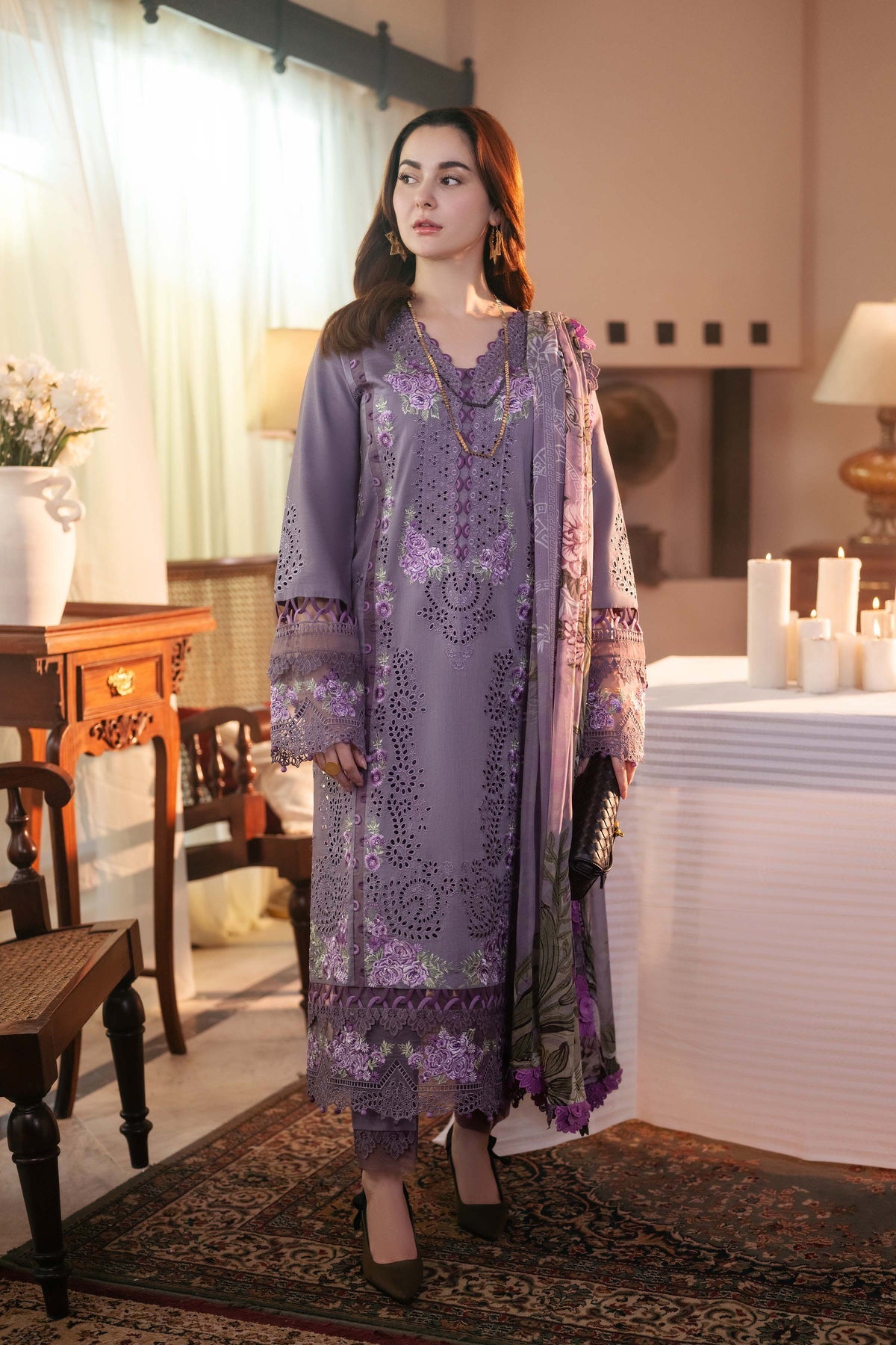 JADE-3PC DHANAK CHIKAN EMBROIDERED SHIRT WITH COURTRAI PRINTED SHAWL AND TROUSER-DPC-4166