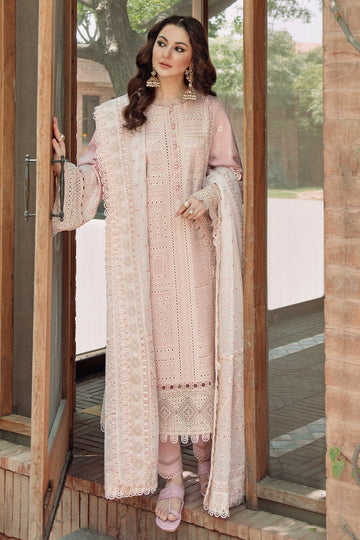JAZMIN-3PC LAWN CHIKANKARI EMBROIDERED SHIRT WITH KHADDI NET EMB DUPATTA AND TROUSER -DPC-4552
