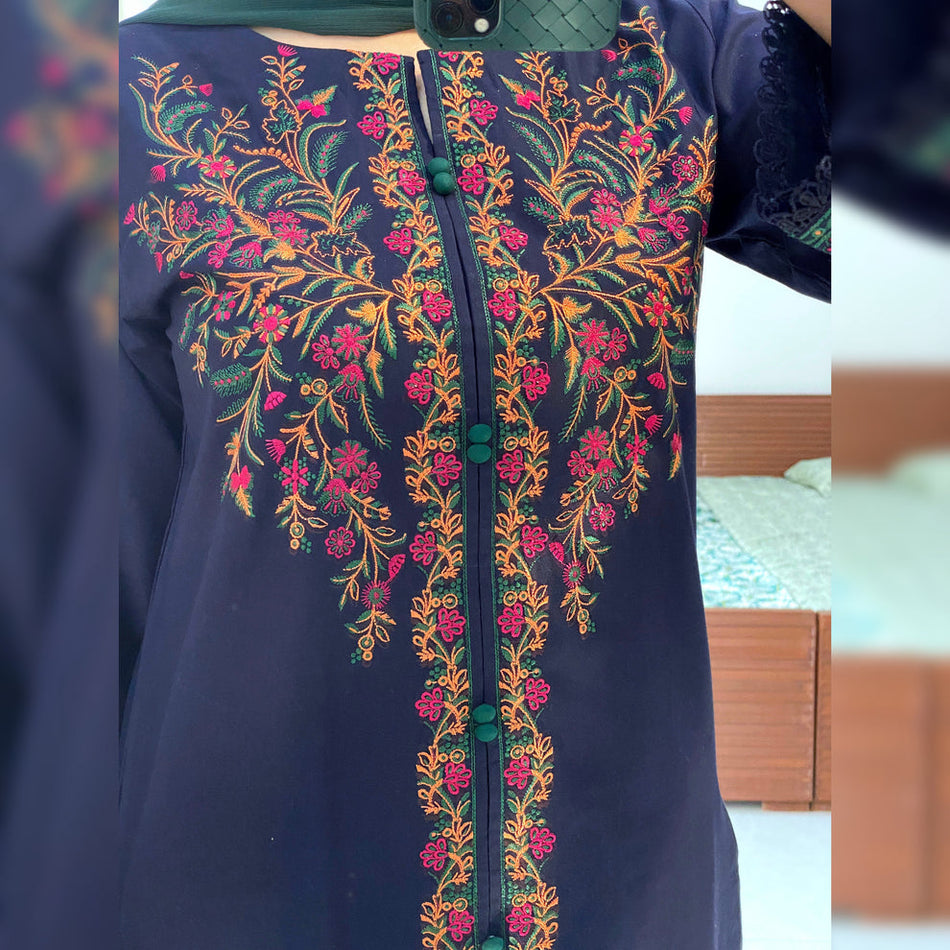 ZIVA-3PC DHANAK EMBROIDERED SHIRT WITH BAMBER CHIFFON DUPATTA AND EMB TROUSER-DPC-4076