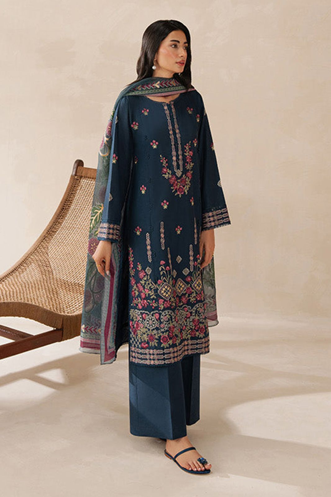 BEECHTREE-3PC DHANAK EMBROIDERED SHIRT WITH COURTRAI WOOL PRINTED SHAWL AND TROUSER -DPC-4310