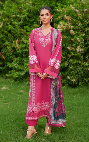 ASIFA NABEEL- 3PC DHANAK EMBROIDERED SHIRT WITH COURTRAI PRINT SHAWL AND EMB TROUSER-DPC-137