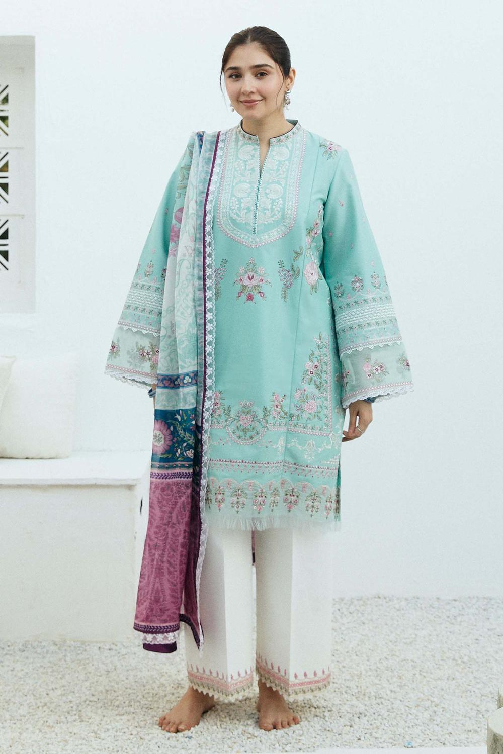 ZARA SHAHJAHAN- 3PC DHANAK EMBROIDERED SHIRT WITH WOOL PRINT SHAWL AND EMB TROUSER-DPC-12