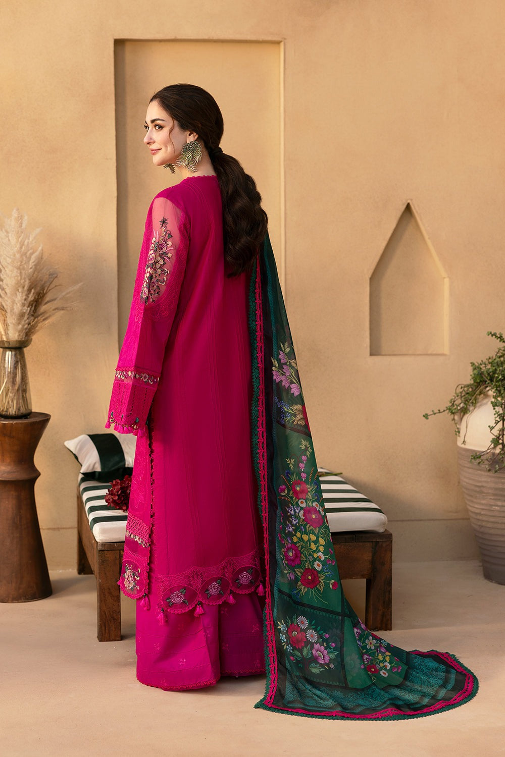 MARIA.B-3PC DHANAK EMBROIDERED SHIRT WITH COURTRAI PRINT SHAWL AND TROUSER-DPC-17