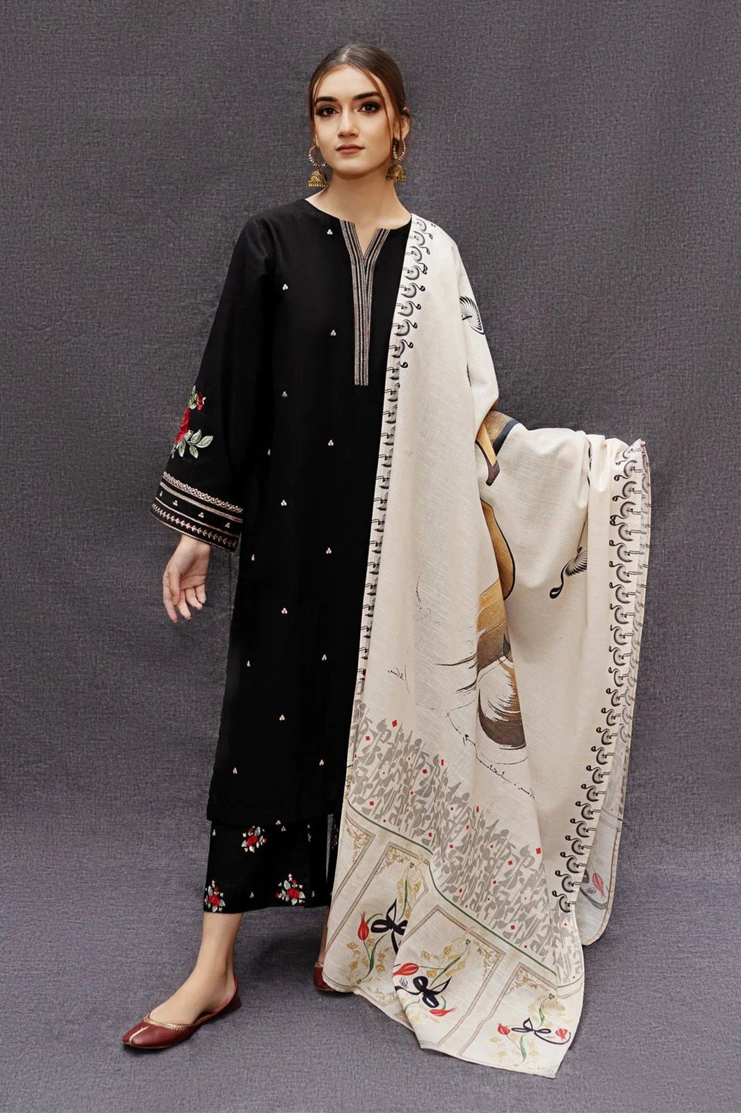 URGE-3PC DHANAK EMBROIDERED SHIRT WITH COUTRAI PRINTED SHAWL AND EMB TROUSER-DPC-4073