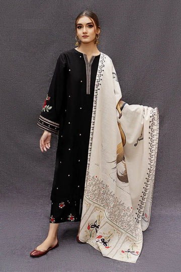 URGE-3PC DHANAK EMBROIDERED SHIRT WITH COUTRAI PRINTED SHAWL AND EMB TROUSER-DPC-4073