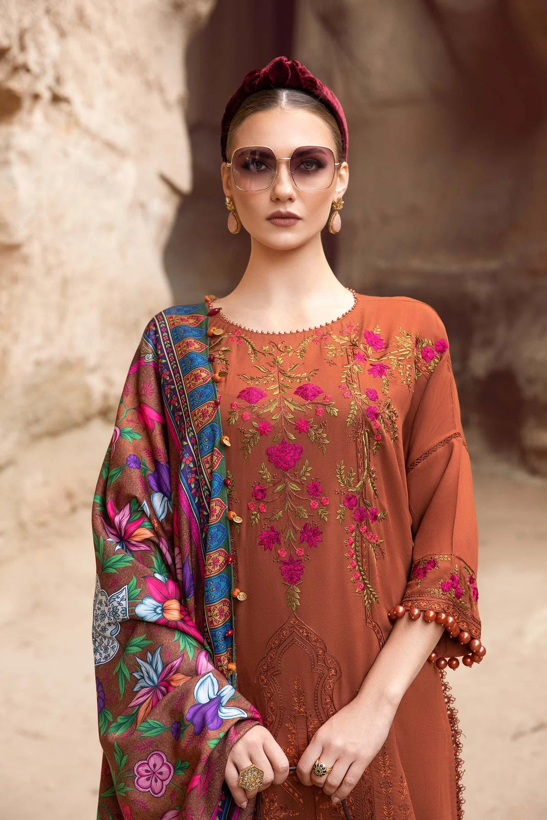MARIA-B- 3PC DHANAK EMBROIDERED SHIRT WITH COURTRAI PRINTED SHAWL AND TROUSER-DPC-1203