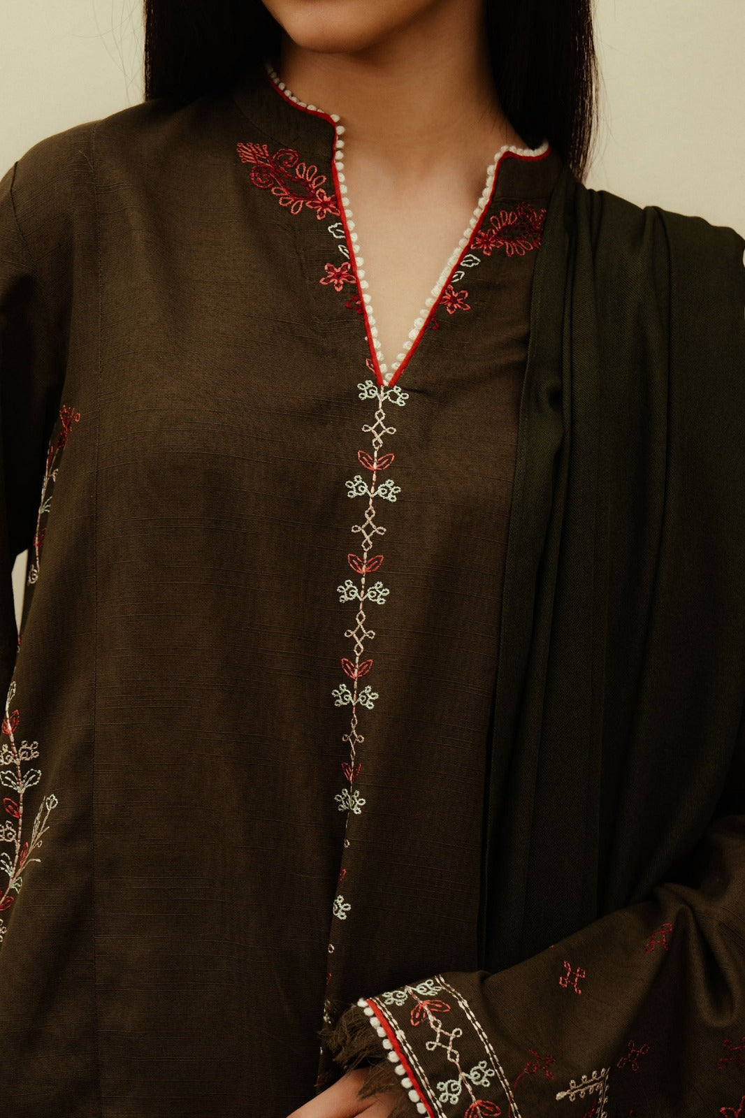 ZARA SHAHJAHAN-3PC DHANAK EMBROIDERED SHIRT WITH DHANAK EMBROIDERED SHAWL AND TROUSER DPC-95