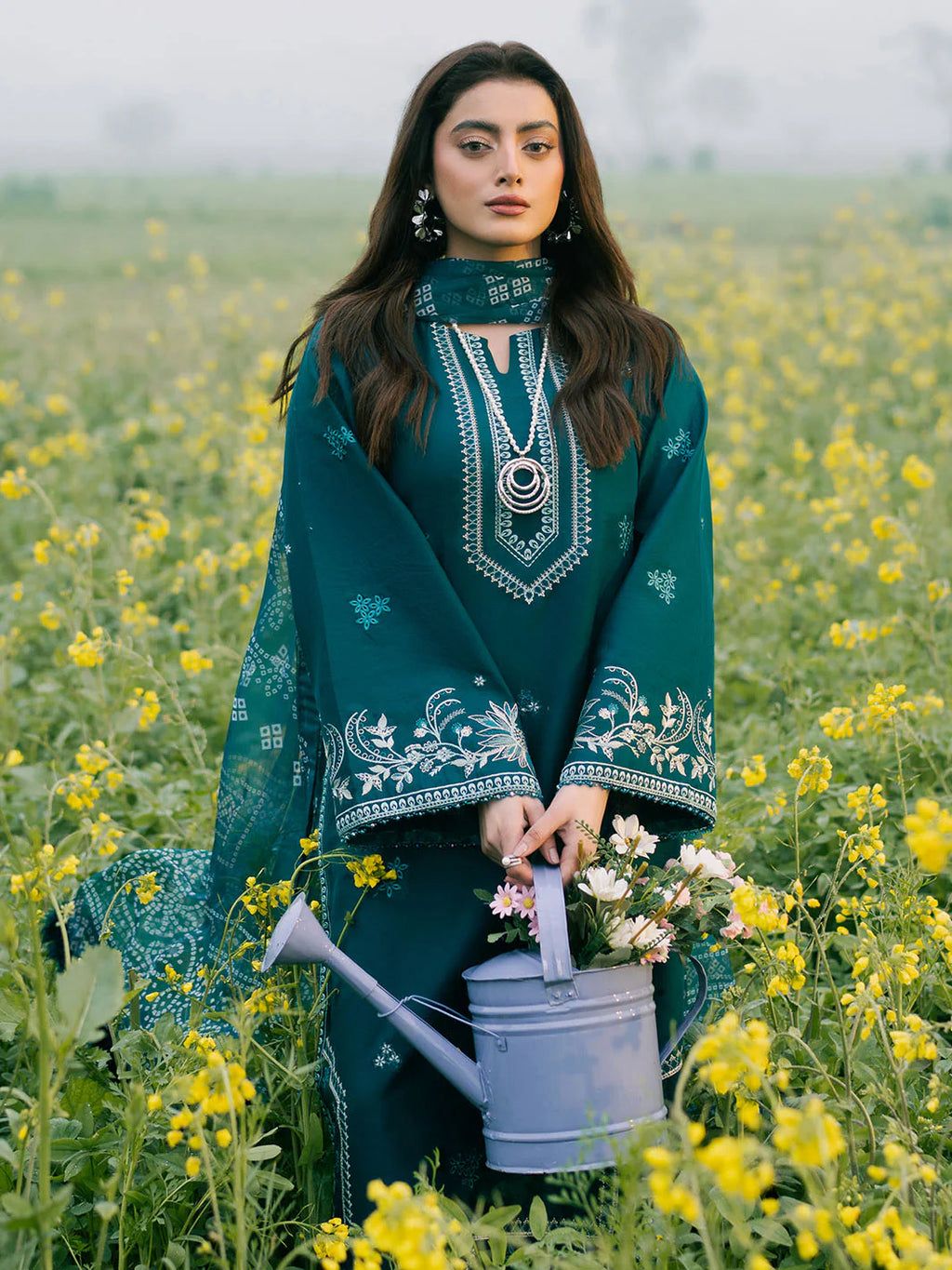 IZEL-3PC DHANAK EMBROIDERED SHIRT WITH COURTRAI PRINTED SHAWL AND TROUSER-DPC-4107
