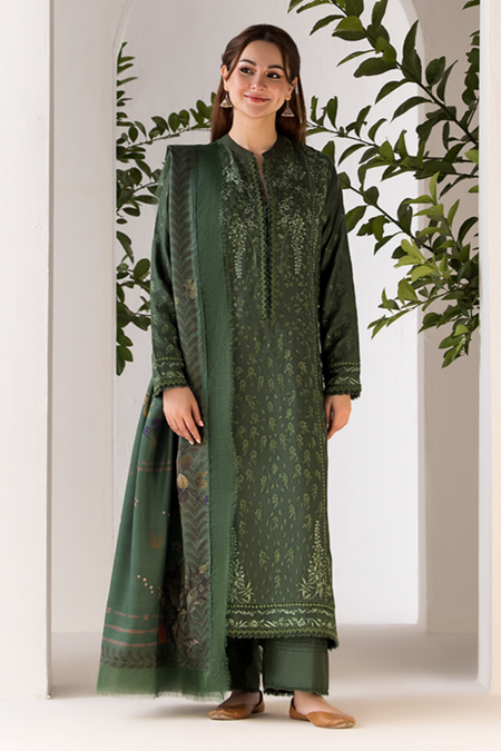 SOBIA NAZIR- 3PC DHANAK EMBROIDERED SHIRT WITH WOOL PRINT SHAWL AND TROUSER-DPC-4027
