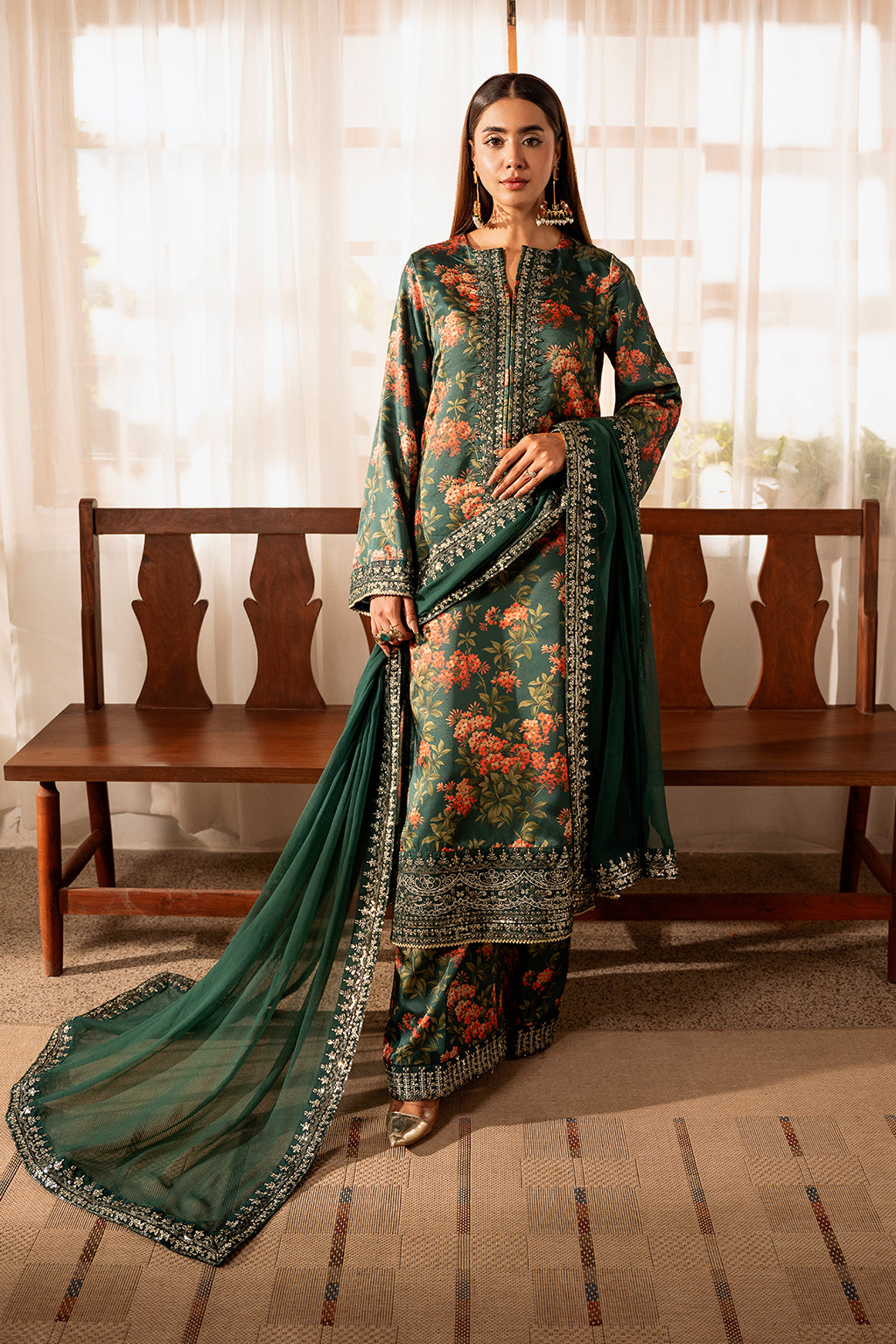 ZAINAB CHOTANI-3PC SHAMOZE SILK PRINTED EMBROIDERED SHIRT WITH SOFT SILK PRINTED EMB DUPATTA & EMB TROUSER DPC-1720