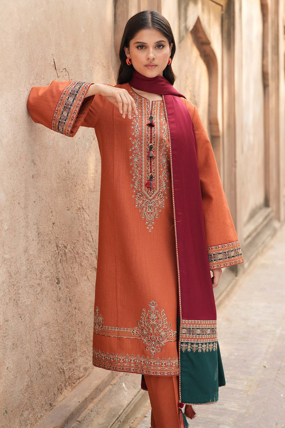 JAZMIN-3PC DHANAK EMBROIDERED SHIRT WITH COURTRAI PRINTED SHAWL AND TROUSER-DPC-4244
