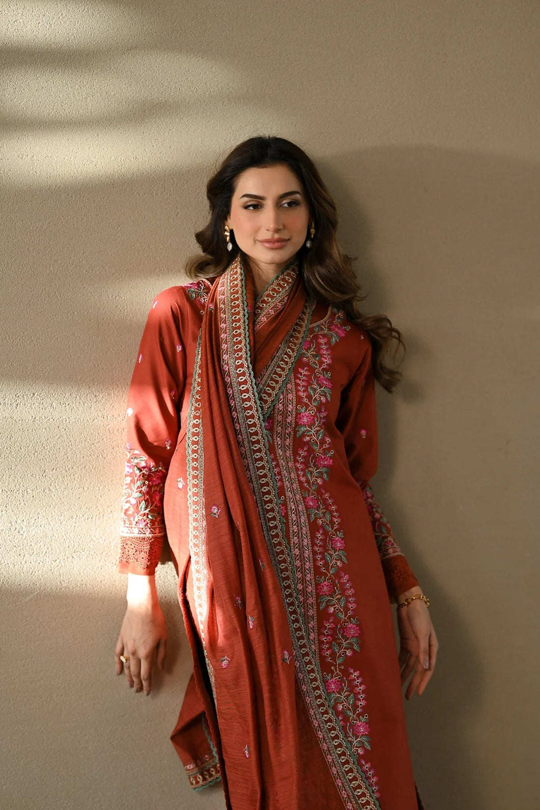 ZAIB-3PC DHANAK EMBROIDERED SHIRT WITH DHANAK EMBROIDERED SHAWL AND TROUSER-DPC-4378