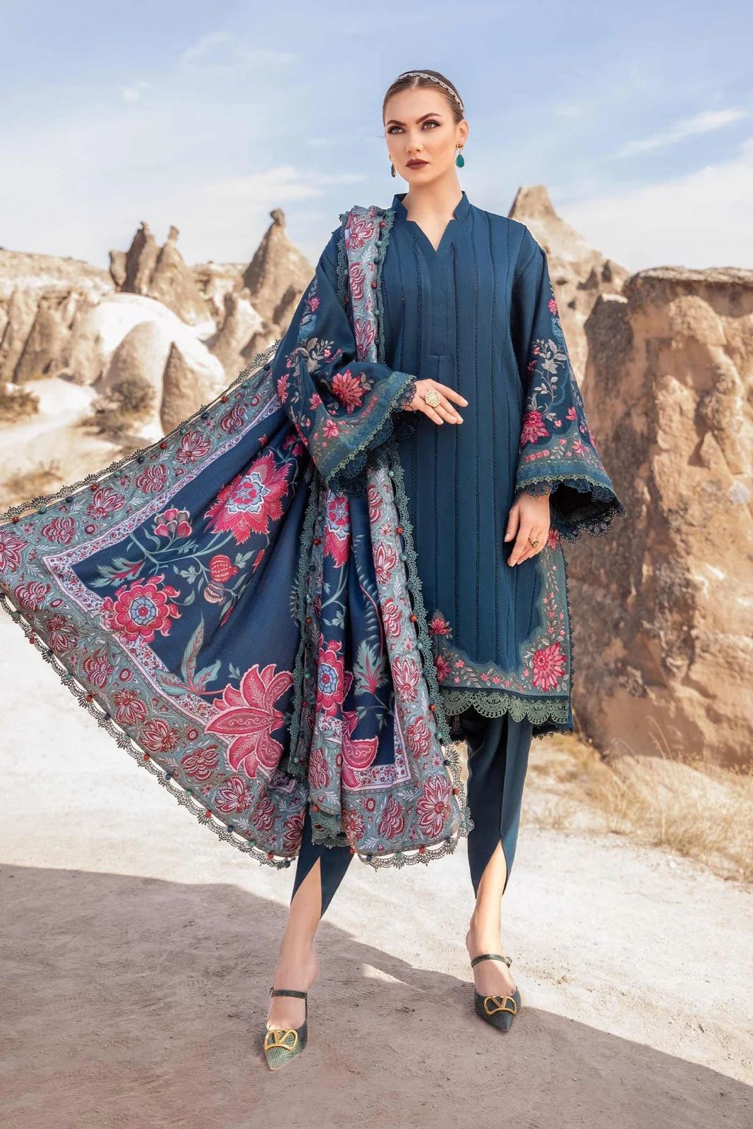 MARIA B - 3PC DHANAK EMBROIDERED SHIRT WITH COUTURE PRINT SHAWL AND TROUSER-DPC-2640